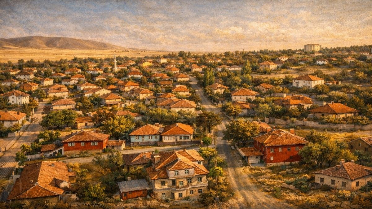 Bahadın Kasabası’nın kuşbakışı görünümü, kırmızı kiremitli evler, dar sokaklar, ağaçlık alanlar ve Anadolu bozkırıyla çevrili yerleşim dokusu