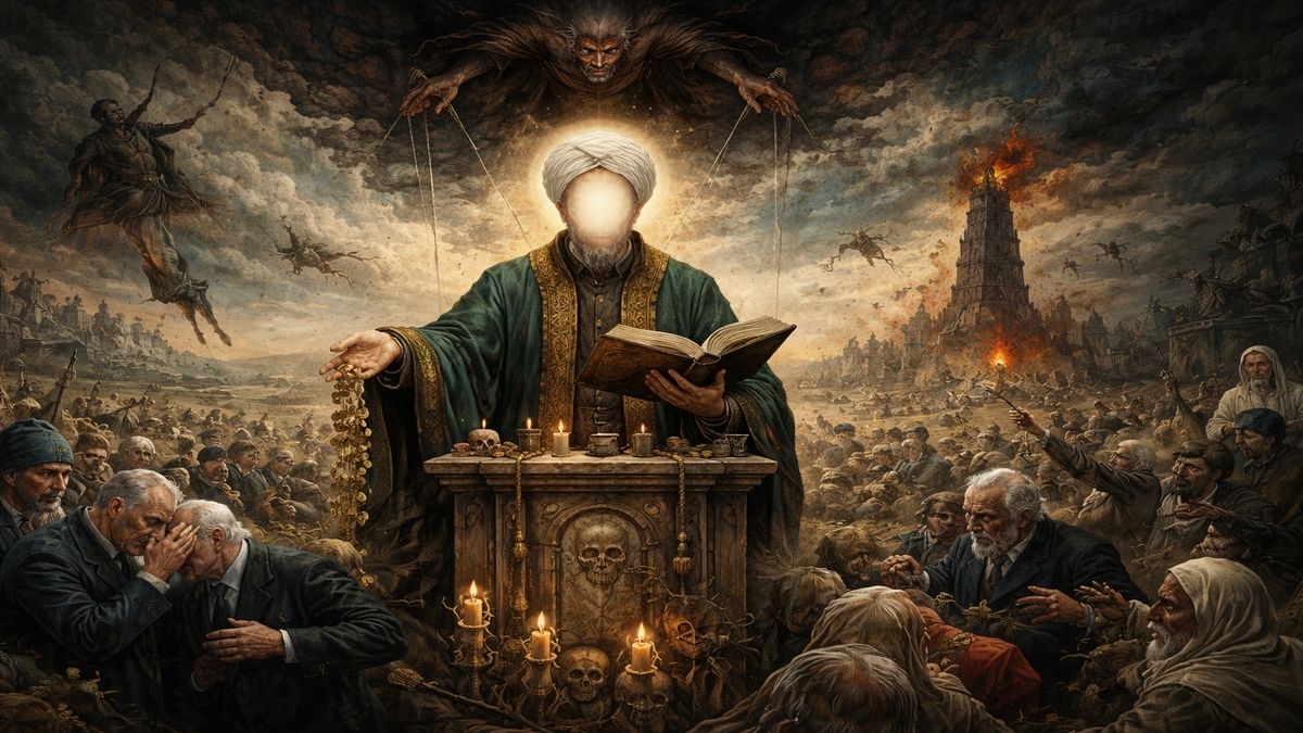 Bana Hafız Hoca Derler – İnanç ve Sahte Otorite Alegorisi Bosch tarzında çok katmanlı alegorik resim; sahte din adamı figürü, iktidar, korku ve inanç istismarını temsil eden toplumsal yıkım sahnesi