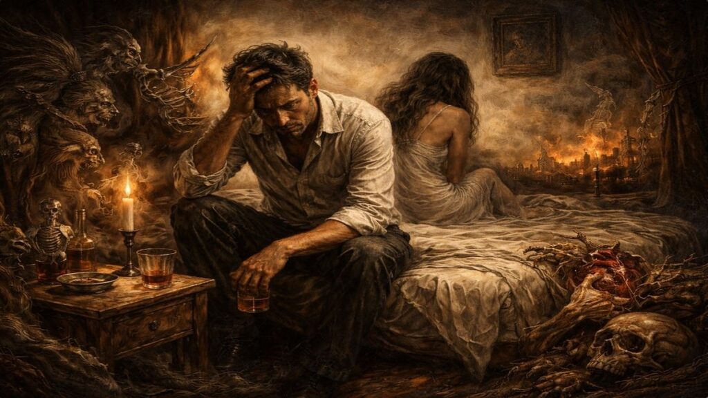 Bosch tarzında çok katmanlı alegorik resim; aşk, suçsuzluk, içsel yıkım ve pişmanlık temalarını taşıyan erkek figürü ve dağılmış bilinç sahnesi