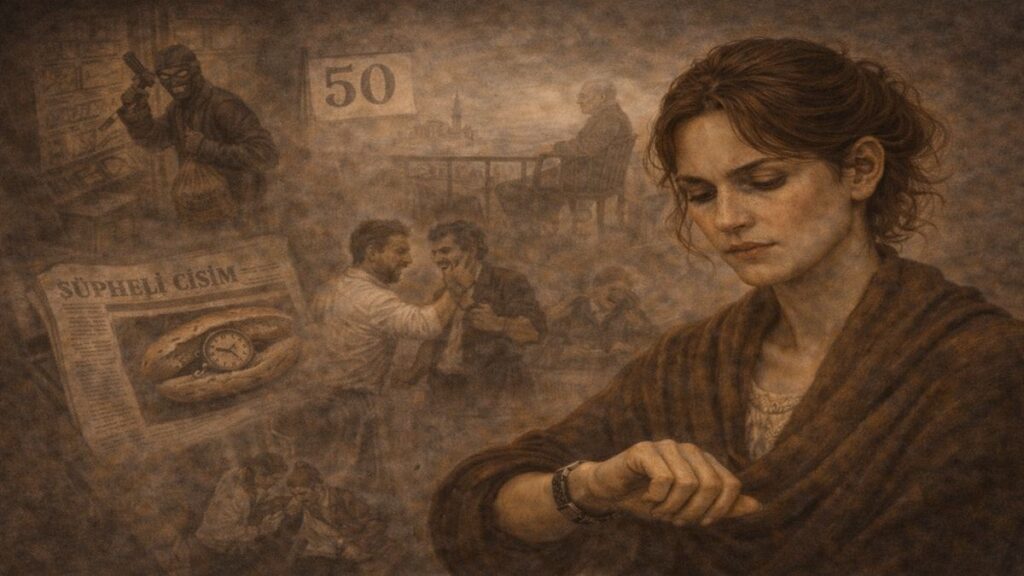 Saatine bakan bir kadın figürünün etrafında, bankayı soyan hırsız, balkonda yalnız oturan adam, kavga ayırırken dayak yiyen bir sahne ve ekmeğin içinden çıkan şüpheli cisim gibi olayların üst üste bindiği alegorik kompozisyon.