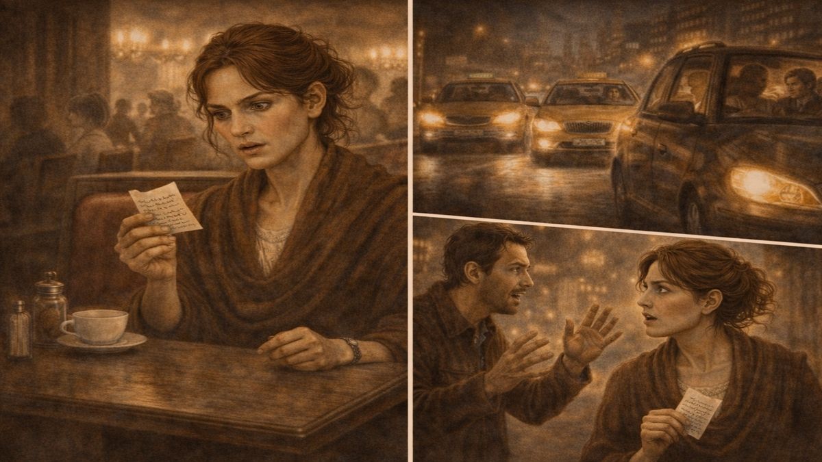 Benim Bu Hikayede Ne İşim Var – İkinci Bölüm Pastanede tek başına oturan bir kadının masasında gizemli bir not tutarken, karşısında onu telaşla durduran bir adama hayretle baktığı; arka planda bir taksinin başka bir arabayı takip ettiği çok katmanlı alegorik sahne.