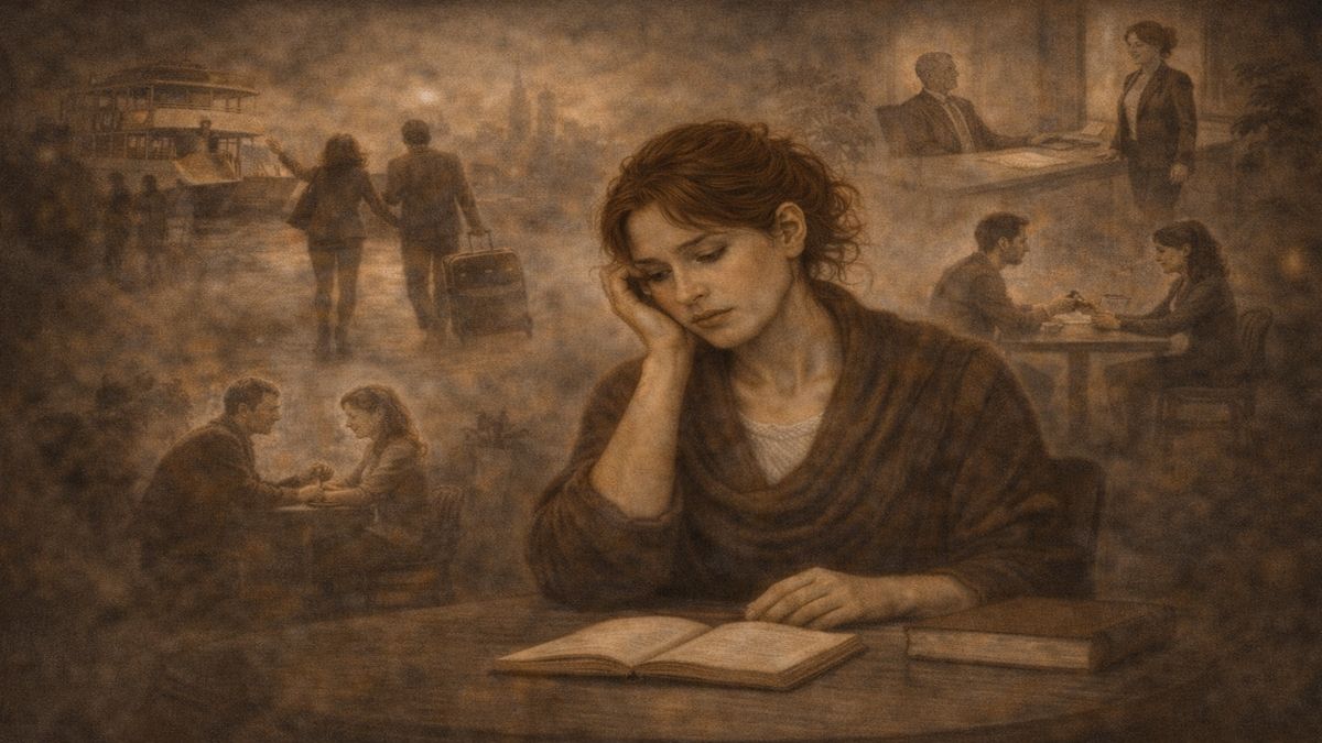 Benim Bu Hikayede Ne İşim Var – Üçüncü Bölüm Masada başını eline dayamış bir kadının etrafında, vapura yetişen insanlar, barışan çiftler, terk edilen bir şehir ve yüzleşme sahnelerinin sisli katmanlar halinde belirdiği alegorik kompozisyon.