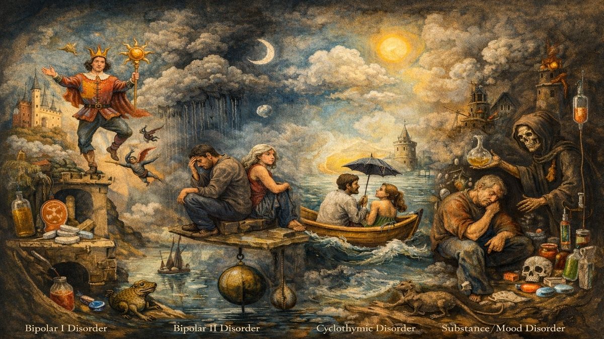 Bipolar Bozukluk Türleri Bipolar bozukluk türlerini aynı zihinsel mekânda, manik yükseliş, depresif çöküş ve tedaviyle dengelenme hâllerini birlikte gösteren alegorik sahne