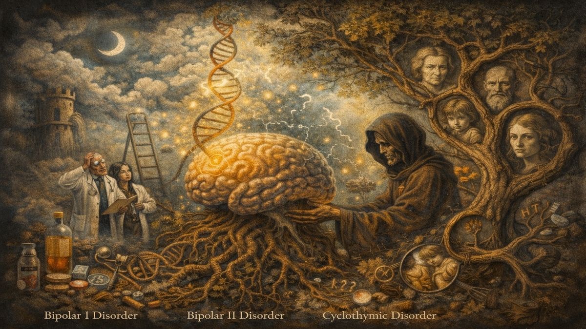 Hipomanik Dönem, Nedenler ve Teşhis Hipomanik dönem, ruh hâli döngüleri, genetik yatkınlık ve bipolar bozukluğun uzmanlar tarafından teşhis sürecini tek sahnede anlatan alegorik görsel