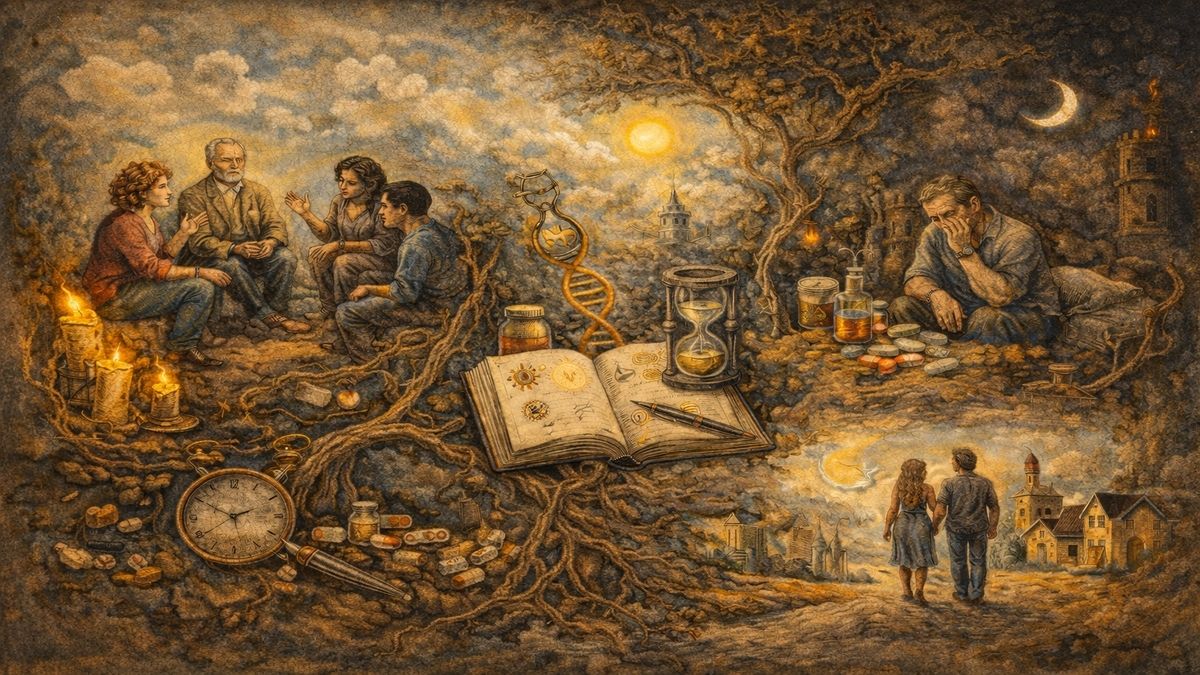 Bipolar ile Yaşamak ve Yönetmek Bipolar bozuklukla yaşamayı, rutinler, destek, ilaç kullanımı ve zaman içinde dengelenme sürecini tek alegorik sahnede anlatan görsel