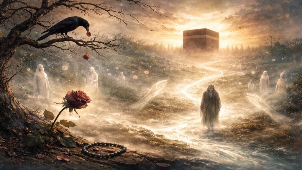 Aşkın selinde yürüyen bir insan figürü, gonca güle konmuş karga, sisli yolda eren siluetleri ve uzakta Kâbe metaforu ile insanın kıble oluşunu anlatan alegorik sahne