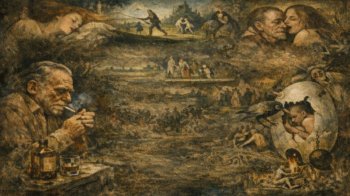 Charles Bukowski’nin kadınlar temasını alegorik sahnelerle anlatan, yaşlı bir adam, kadın figürleri, tutku, yalnızlık ve insan ilişkilerinin çürümesini betimleyen yazısız resim