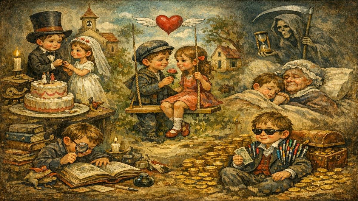 Çocukluk hayallerini temsil eden alegorik sahneler: erken evlilik reddi, masum aşk, ölüm korkusu, bilgi arayışı ve zenginlik düşleri