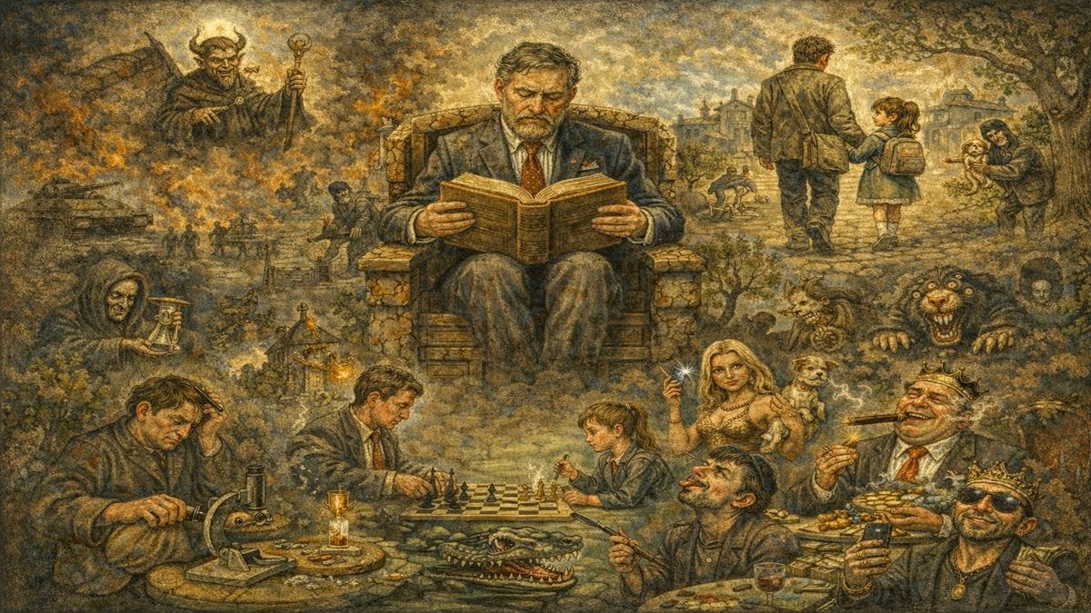 Büyük adam olma fikrini sorgulayan alegorik sahne: bilgelik, savaş, iktidar, cehalet, çocuk ve satranç metaforlarıyla anlatılan toplumsal hikâye