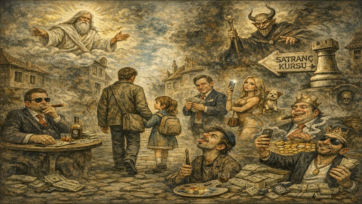 Kızını satranç kursuna götüren bir baba ile bilgelik ve softalık arasında sıkışmış toplum figürlerini anlatan alegorik sahne