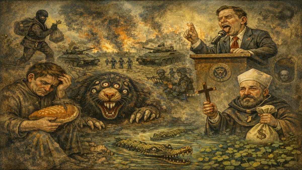 Toplumsal çürüme alegorisi: ekmeğin aslanın ağzında olduğu bir dünyada siyasetçi, din tüccarı, savaş ve sahte büyük adam figürleri