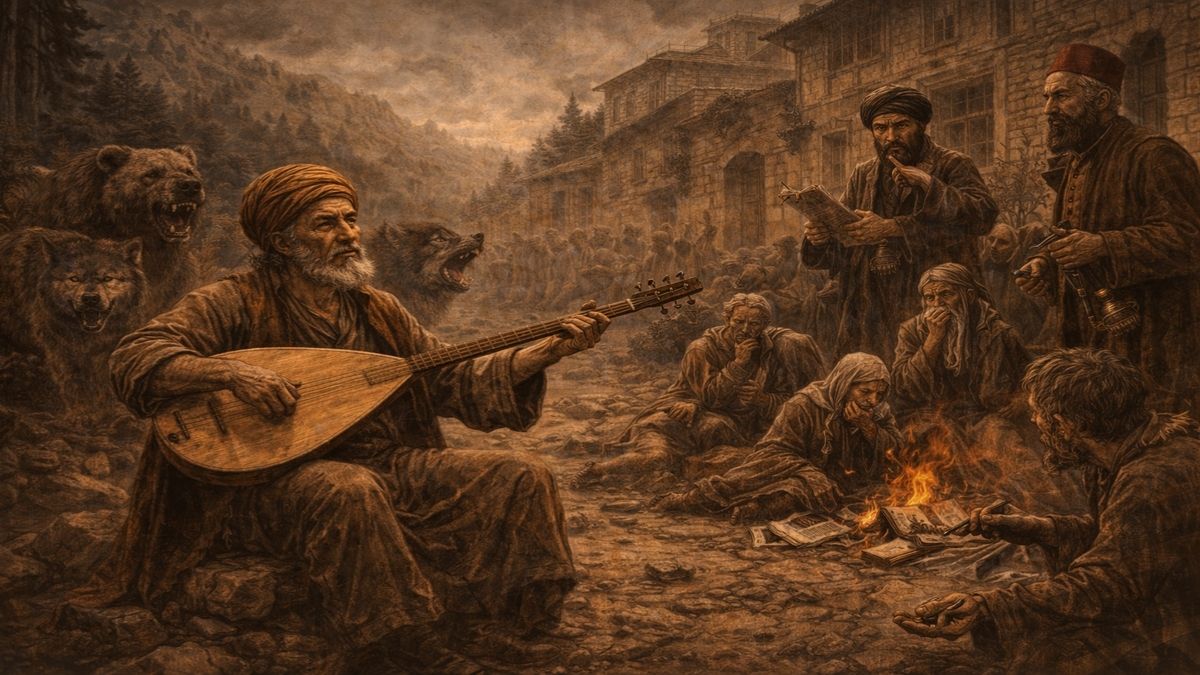 Osmanlı döneminde yoksul halk arasında saz çalan anonim bir ozanın, baskı ve yoksulluk içinde yaşayan insanlara seslendiği alegorik belgesel sahnesi.