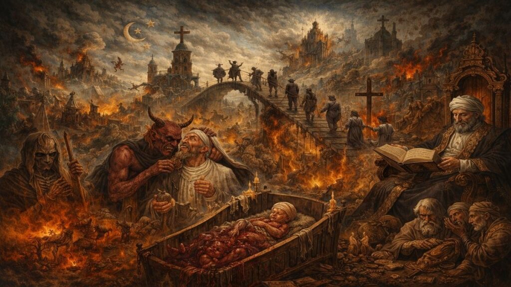 Din istismarını, ahlaki çöküşü ve ikiyüzlülüğü simgeleyen alegorik sahne; şeytanla iç içe geçmiş din adamı figürü, yanan şehirler ve inanç adı altında yapılan zulüm