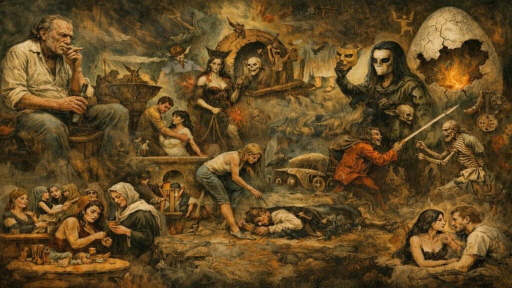 Charles Bukowski Kadınlar eserinin temalarını yansıtan, yazısız alegorik Bosch tarzı çok figürlü sahne