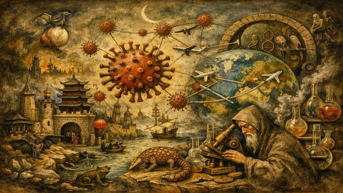 COVID-19’un Wuhan’da ortaya çıkışını ve SARS-CoV-2’nin doğal evrimle küresel yayılımını alegorik Bosch tarzında betimleyen çok katmanlı illüstrasyon.