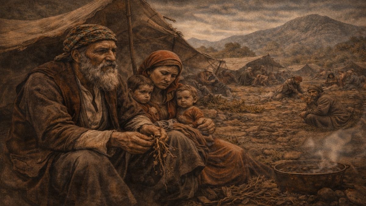 16. yüzyılda Çomak Dağı eteklerinde göç eden yoksul Alevi ailelerin dinlenirken betimlendiği, ön planda Demirci Veli ve ailesinin yer aldığı tarihsel sahne