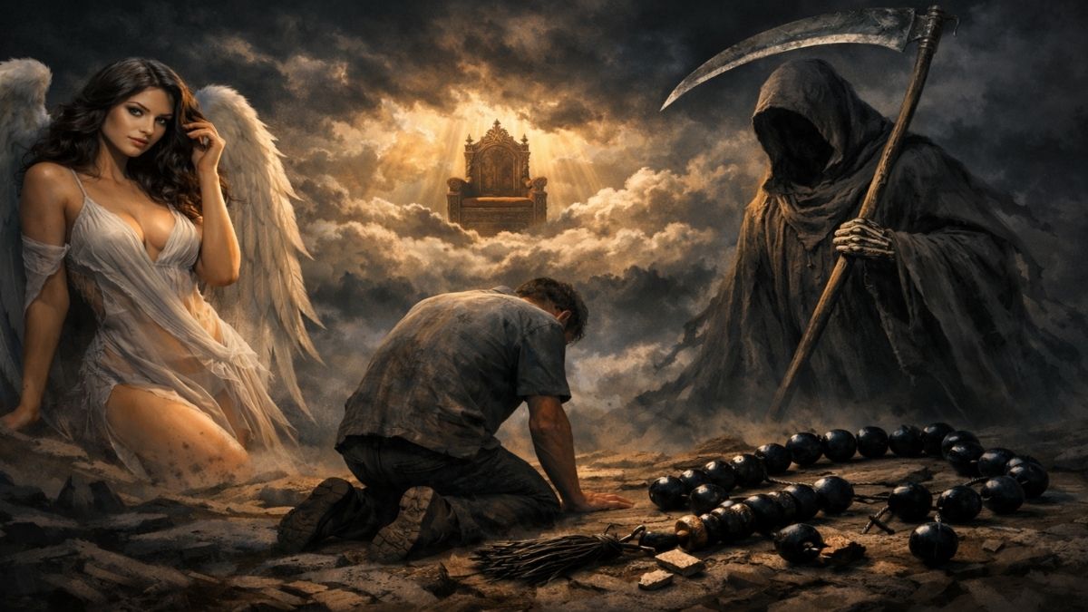 Dişi Gönder Azrailimi adlı edebi denemeye ait dua, arzu ve ölüm temalı alegorik illüstrasyon.