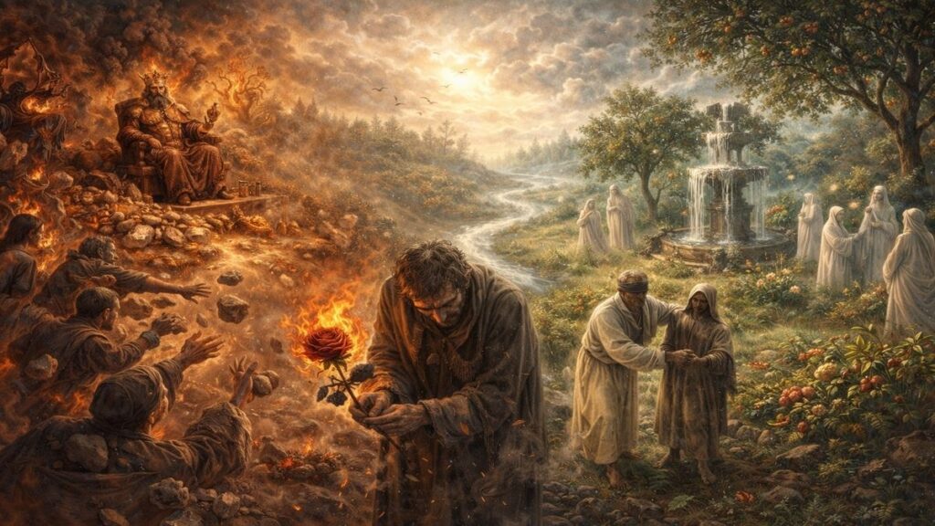 Çile içinde yürüyen bir insanın elinde kor ateşe dönüşmüş gül, etrafında taşlayan kalabalık, cehennemi andıran padişah figürü ve karşı tarafta zemzem pınarıyla ayrılan cennet ve cehennem bahçelerini betimleyen alegorik sahne