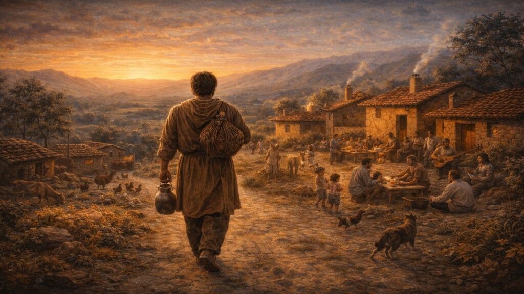 Gün batımında Anadolu’da bir köye doğru yürüyen yalnız bir insan; arkada kerpiç evler, ateş başında toplanan insanlar ve gündelik yaşam sahnesi