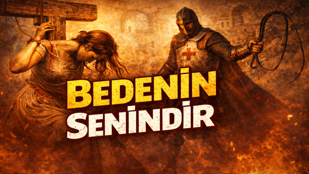 Erdemle Kırbaçlanan Kadın anlatısını simgeleyen alegorik sahnede, ahlak ve namus adına cezalandırılan kadın bedeni ve otorite figürü