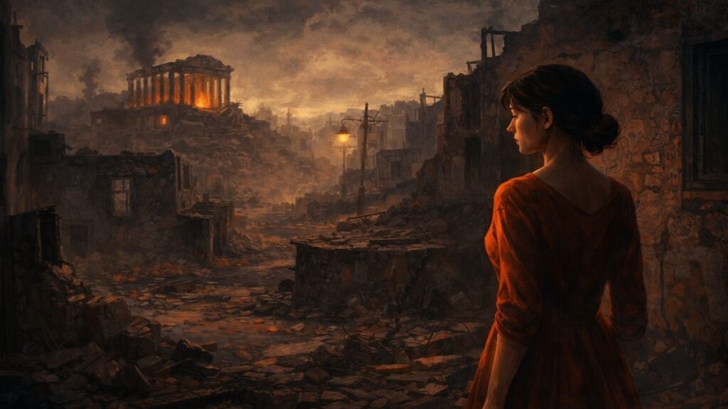 Yıkıntılarla dolu bir kentte duran kadın figürü; arka planda yanmakta olan eski bir tapınak ve harabeye dönüşmüş şehir, aşkın geçiciliğini ve inanç yitimini simgeleyen alegorik sahne