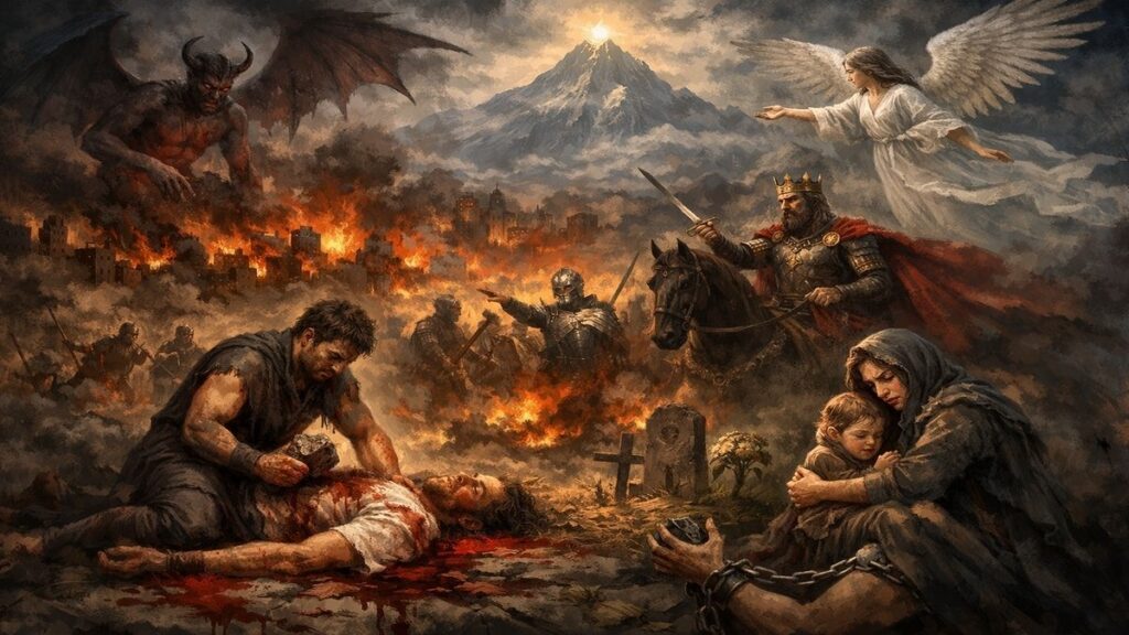 Habil ile Kabil anlatısından yola çıkan alegorik sahnede, kardeş cinayeti, savaş, iktidar, vicdan ve masumiyet temalarının iç içe geçtiği karanlık bir insanlık tablosu.