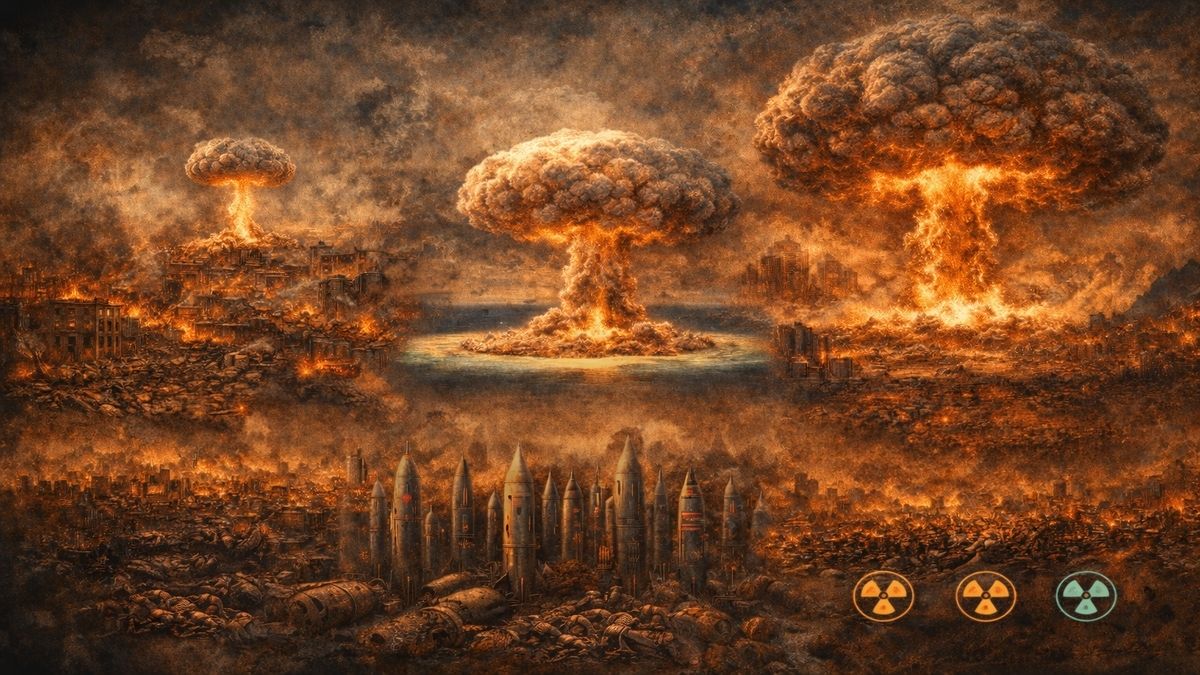 Bir Patlamadan Milyonlara: Nükleer Yıkımın Ölçeği Hiroşima bombası, Bikini Atolü deneyi ve modern nükleer cephaneliğin insanlık üzerindeki yıkıcı etkisini karşılaştırmalı olarak betimleyen alegorik sahne.