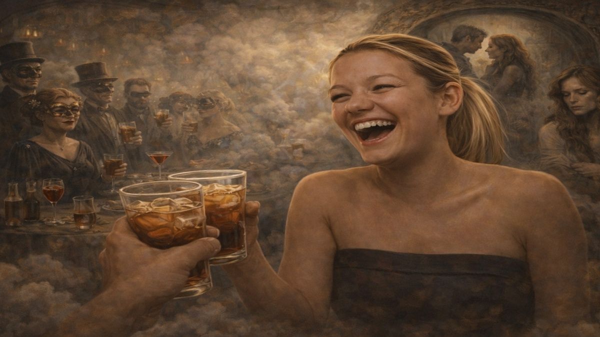 İçten Boş, Dıştan Kahkahalı Hayatlar Kahkaha atan bir kadının ön planda yer aldığı, arka planda maskeli kalabalıklar ve silik ilişkilerle içsel boşluğu simgeleyen çok katmanlı alegorik sahne.