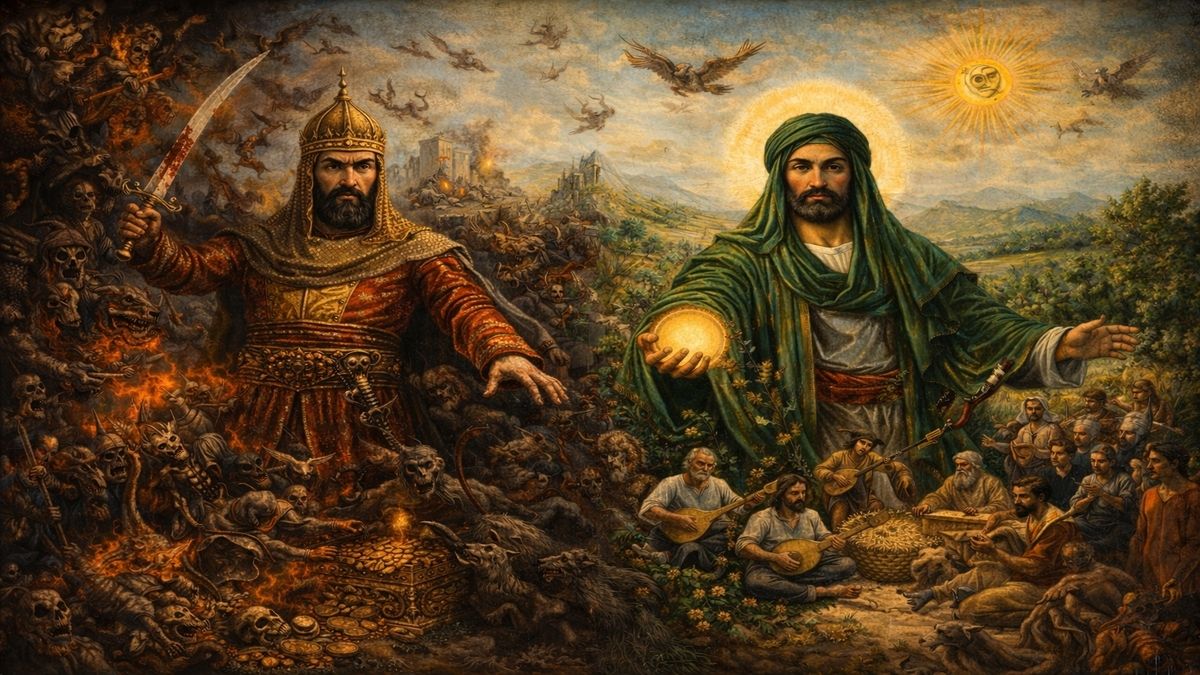 Boschvari alegorik bir sahnede iki Ali figürü; biri şiddet ve ganimetle çevrili karanlık alanda, diğeri emek, müzik ve ışıkla çevrili huzurlu bir ortamda betimleniyor