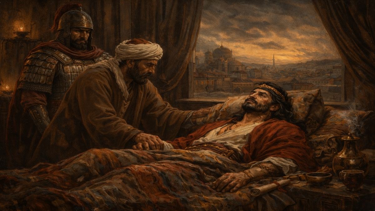 İmruʾu’l-Kays – Son Yolculuk İmruʾu’l-Kays’ın Bizans’tan eli boş döndükten sonra hastalık içinde Ancyra’da ölüm döşeğinde yattığı, politik hayal kırıklığı ve sürgün temasını yansıtan tarihsel sahne.