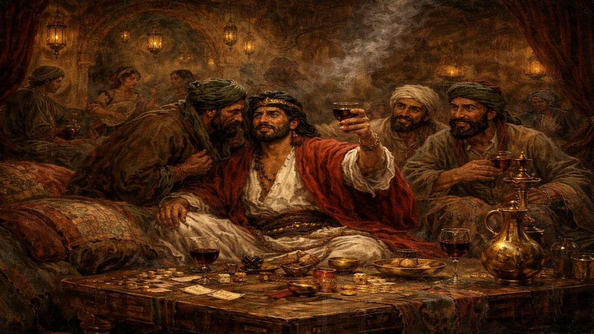 İmruʾu’l-Kays – Yemen’de Haber Gecesi İmruʾu’l-Kays’ın Yemen’de içki ve kumar meclisinde, babasının öldürüldüğü haberini soğukkanlılıkla dinlediği dramatik sahneyi betimleyen alegorik tarihsel illüstrasyon.