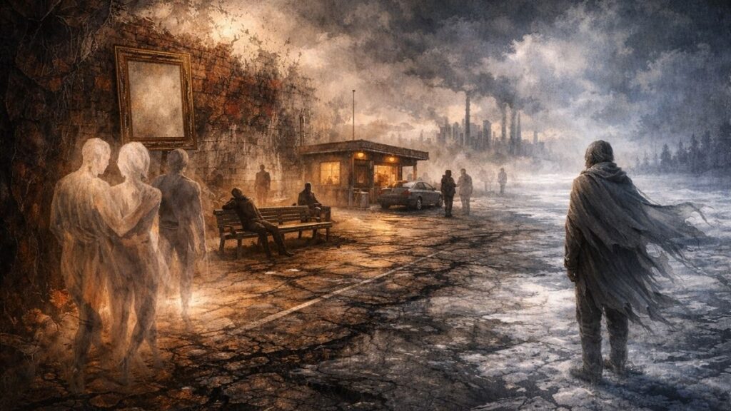 İnsan insanın geleceği fikrini anlatan alegorik sahnede, insanların birbirinde bıraktığı yıkıcı ve onarıcı izler, yol kenarı mekânlar ve yüzsüz figürlerle betimleniyor.