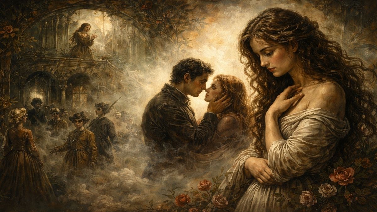 Kaçıngan Bağlanma – Büyük Aşkı Taşıyamayan Kadın Göğsüne dokunan ve içine kapanmış bir kadının ön planda yer aldığı, arka planda geçmiş bir aşkın ve sessiz kalabalıkların görüldüğü çok katmanlı alegorik sahne.