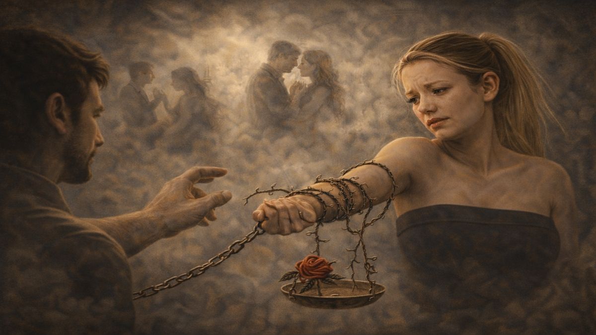 Kaçıngan Bağlanma – Sevilmekten Korkanlar Bir kadının geri çekilen bakışlarıyla kendisine uzanan bir erkeğin eli arasında, dikenli zincirlerle bağlı bir terazi ve üzerinde kırmızı bir gülün yer aldığı alegorik sahne.