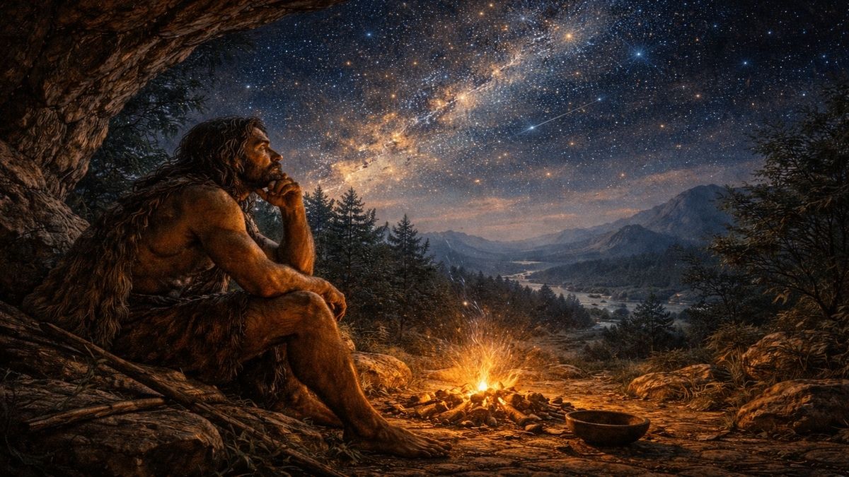 Mağara girişinde oturmuş ilkel bir insanın ateş başında yıldızlı gökyüzüne bakarak düşündüğü tarih öncesi sahne