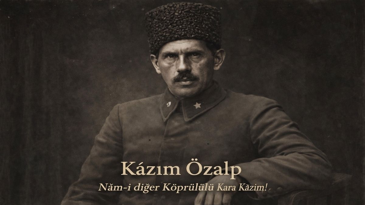 Kâzım Özalp’in Osmanlı askerî üniformasıyla, kalpaklı ve ciddi bakışlı şekilde betimlendiği tarihsel portre çizimi.