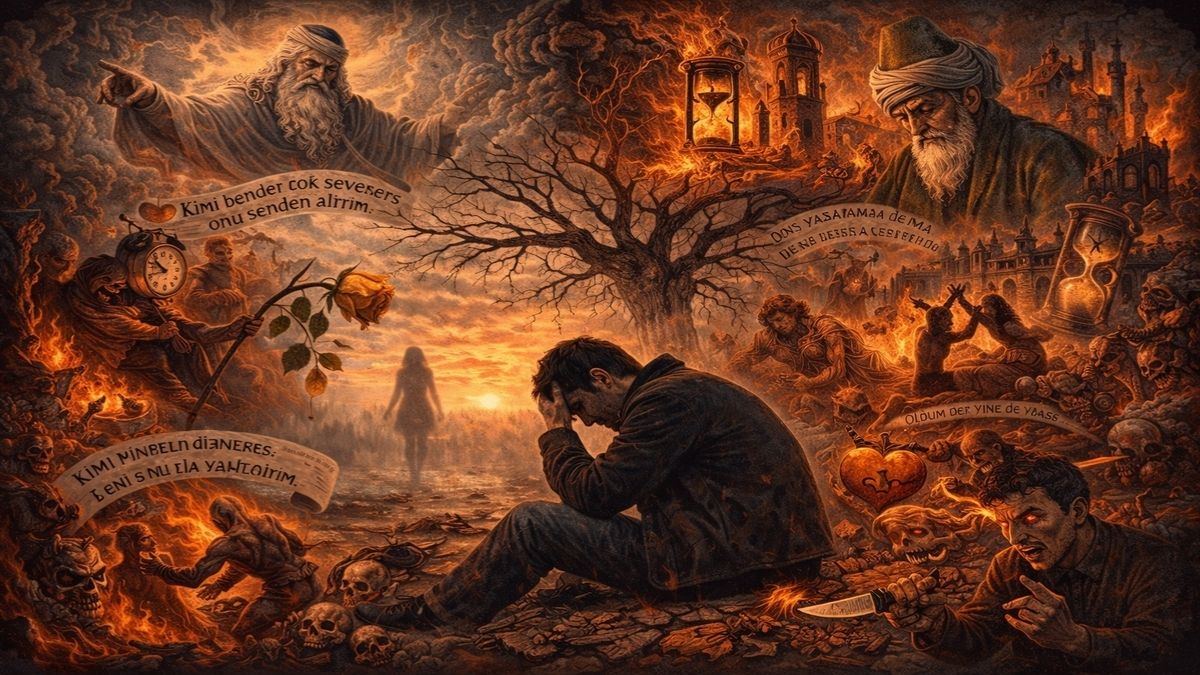 Sisli bir manzarada başını ellerine almış bir adam, elinde solmuş sarı bir gül ve uzaklaşan siluet eşliğinde kayıp ve ayrılık duygusunu temsil ediyor.