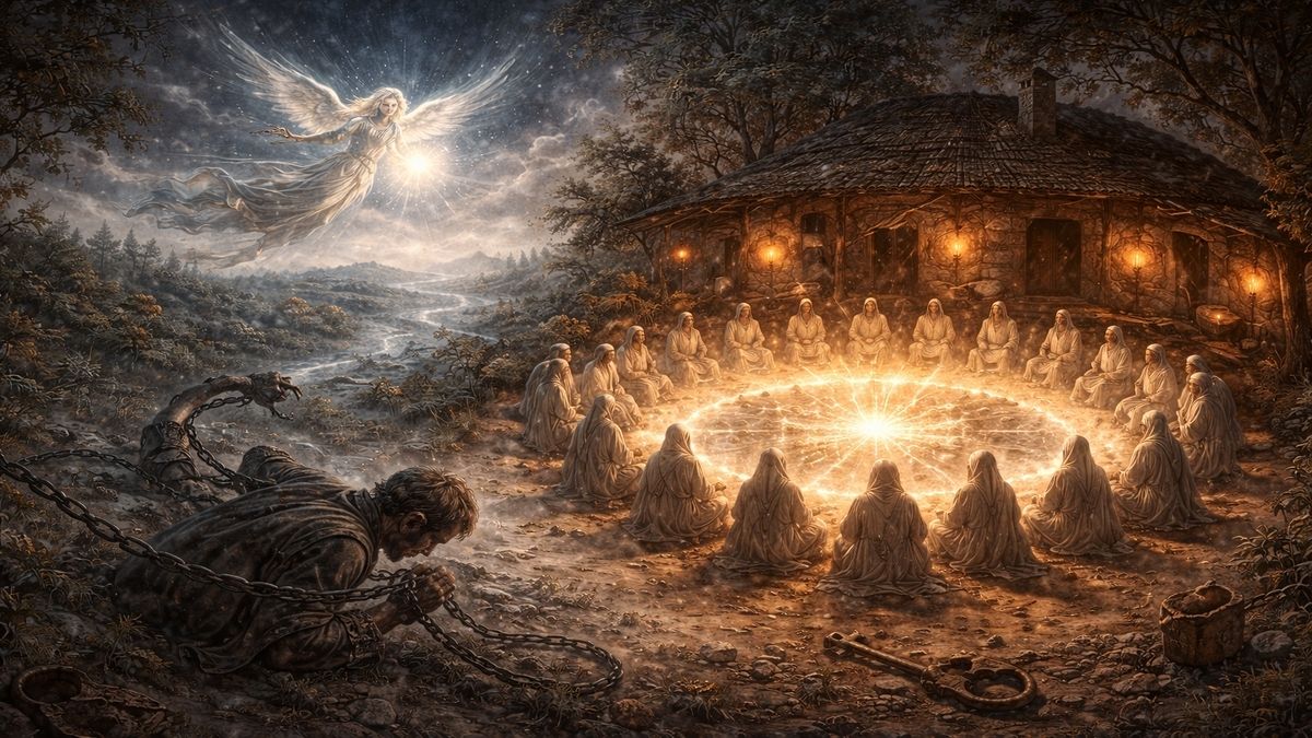 Gece vakti köyde cem yapılan eski bir Osmanlı evi önünde semada cem tutan kırk siluet, yukarıdan haber getiren peyik figürü ve zincirlenmiş nefsi temsil eden insanın yer aldığı alegorik sahne