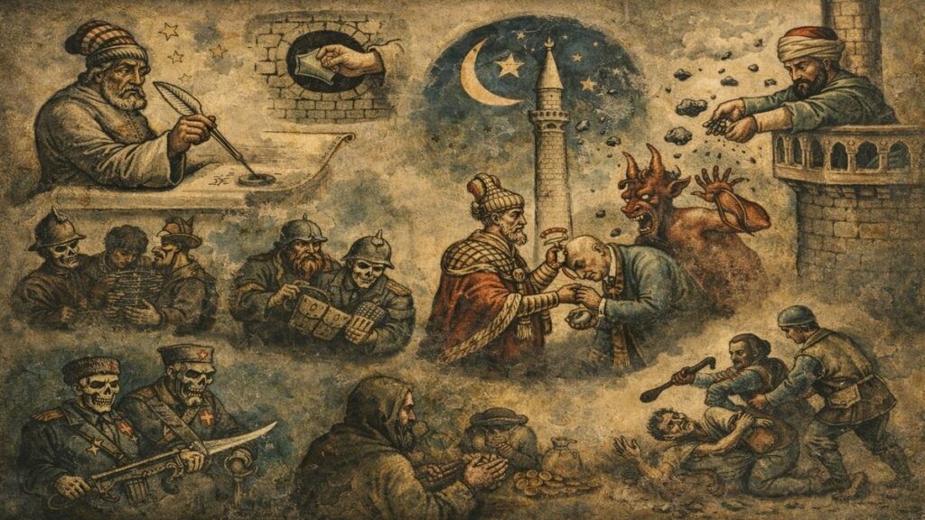 Akbaba Dergisi 1958’de yayımlanan Maya Gerektir şiirinden esinlenen, şair, muhalif, iktidar yalakası, karaborsacı, ajanlar ve şeytan taşlayan hocayı alegorik biçimde anlatan çizim