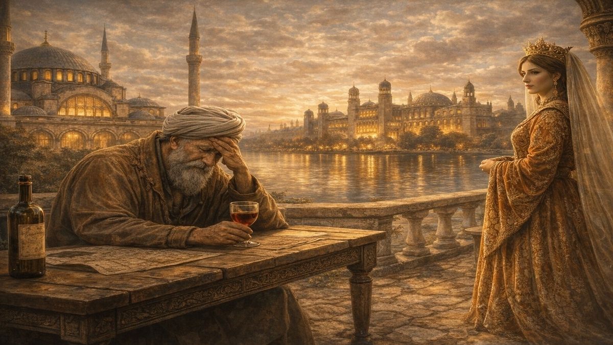 Osmanlı döneminde, Mihrimah Sultan ile Mimar Sinan’ı temsil eden iki figürün saray manzarası önünde, aralarındaki aşılmaz toplumsal mesafeyi yansıtan alegorik sahne.