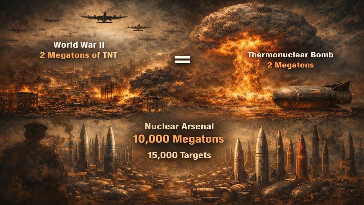 Tek Bir Bombanın İçine Sığan Bir Savaş İkinci Dünya Savaşı’ndaki toplam bombalama gücü ile tek bir termonükleer bombanın ve modern nükleer cephaneliklerin yıkıcılığını karşılaştıran alegorik sahne.