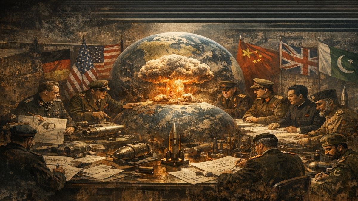 Nükleer Silahlanma Yarışı: Deliliğin Mantığı Nükleer silahlanma yarışını ve büyük devletlerin akılcı görünen fakat toplu yıkıma giden karar zincirini betimleyen çok katmanlı alegorik sahne.