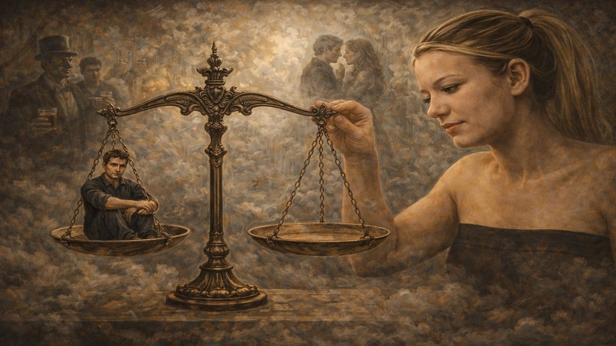 Ölçü Olan, Seçil(e)meyen Erkek Elinde terazi tutan bir erkeğin ön planda yer aldığı, bir kefede kırmızı gül diğerinde boşluk bulunan, arka planda yüzeysel ilişkilerin silik sahnelerle betimlendiği alegorik kompozisyon.