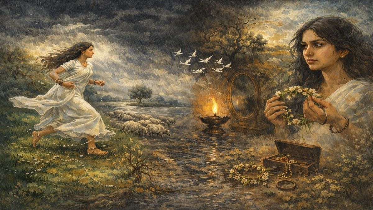 Olduğun Gibi Gel – Alegorik Şiir Görseli Rabindranath Tagore’un Olduğun Gibi Gel şiirini alegorik olarak anlatan, koşan bir kadın figürü, kararan gökyüzü, kopan takılar ve sönen fenerle çok katmanlı bir sahne