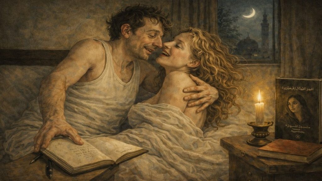 Atletli bir adamın defteri kenara bırakıp yatakta yanındaki kadını kendine doğru çektiği, kadının heyecan ve hazla karşılık verdiği romantik gece sahnesi