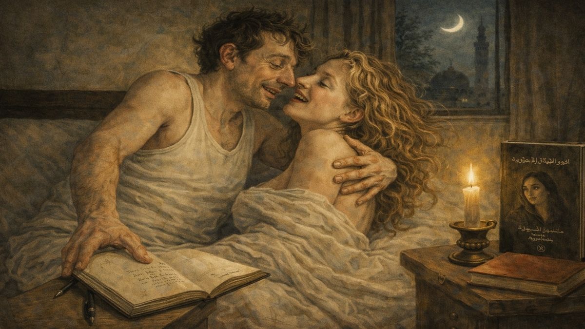 Atletli bir adamın defteri kenara bırakıp yatakta yanındaki kadını kendine doğru çektiği, kadının heyecan ve hazla karşılık verdiği romantik gece sahnesi