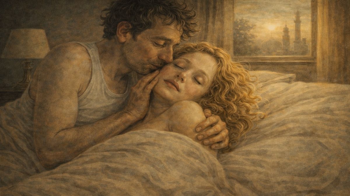 Sabah ışığında uyuyan kadını yanağından öpen adam, yalnızlık ve bağlılık arasındaki duygusal gerilimi anlatan alegorik sahne.