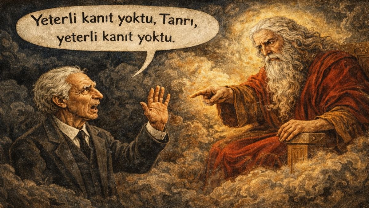 Bosch tarzında alegorik resim; Bertrand Russell’ın bulutlar arasında Tanrı figürüne “yeterli kanıt yoktu” diye seslendiği felsefi sahne