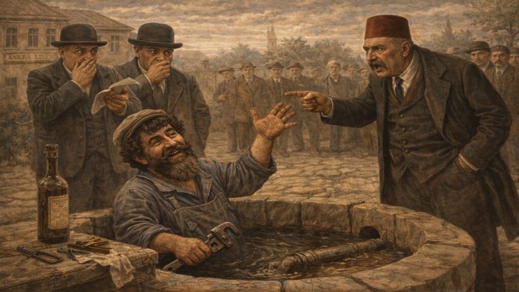 Ankara Lisesi’nde Sakallı Celal’in tulumla lağım tamir ettiği sırada müfettişler ve bürokratlarla yüzleşmesini anlatan, mizahi ve alegorik sahne.