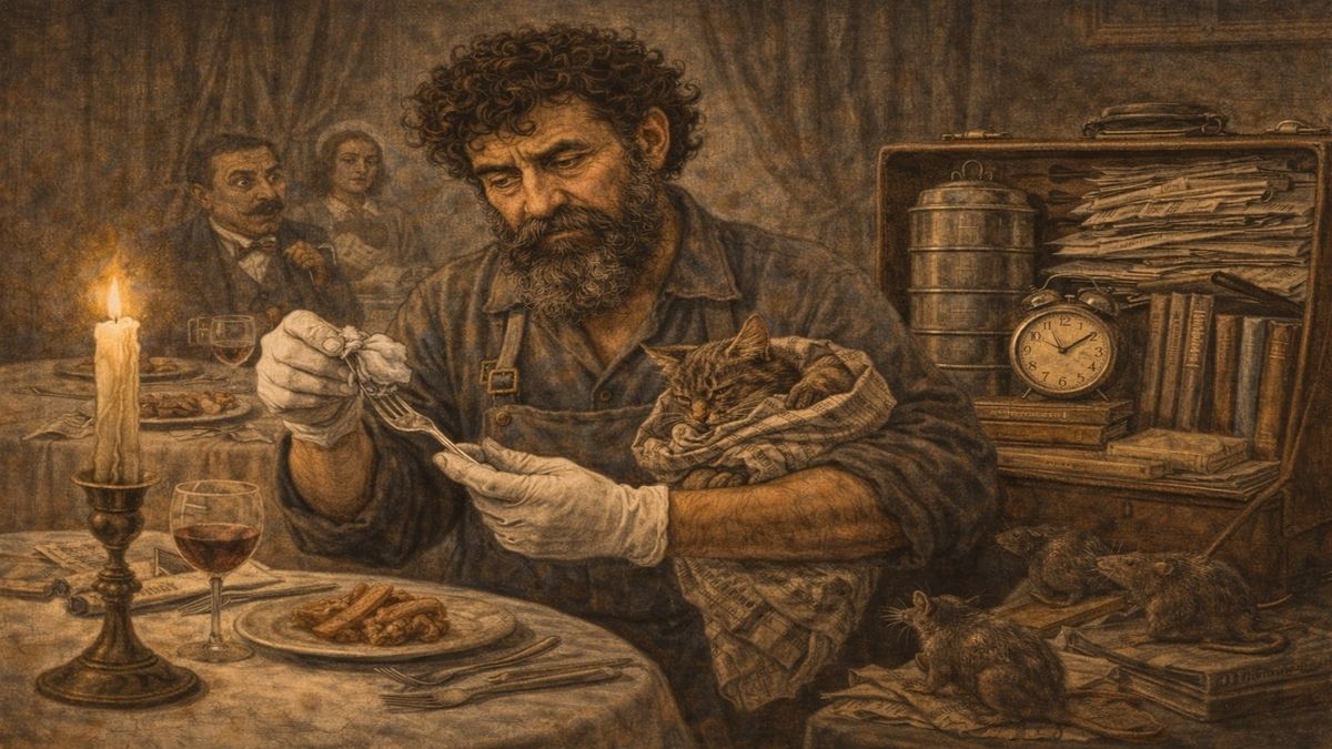 Sakallı Celal ve Temizlik Paradoksu Sakallı Celal’in eldivenle çatal silerken, gazete kâğıdına sarılı bir hayvanı tuttuğu; etrafında valiz, kitaplar ve sıçanların yer aldığı alegorik sahne.